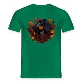 Chien teckel dans les feuilles d’automne - T-shirt homme - vert - Devant - AI Model Male 178 dark (178cm)