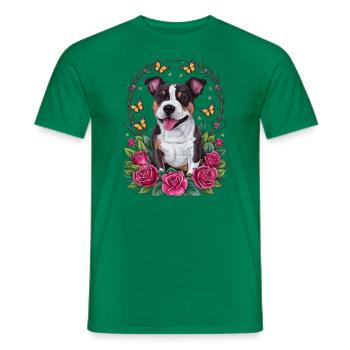 Dessin animé mignon Staffordshire bull terrier avec des roses - T-shirt homme - vert - Devant - AI Model Male 178 dark (178cm)