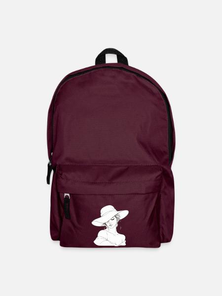 Filigranes Linienportrait mit Hut - Rucksack - Burgunderrot