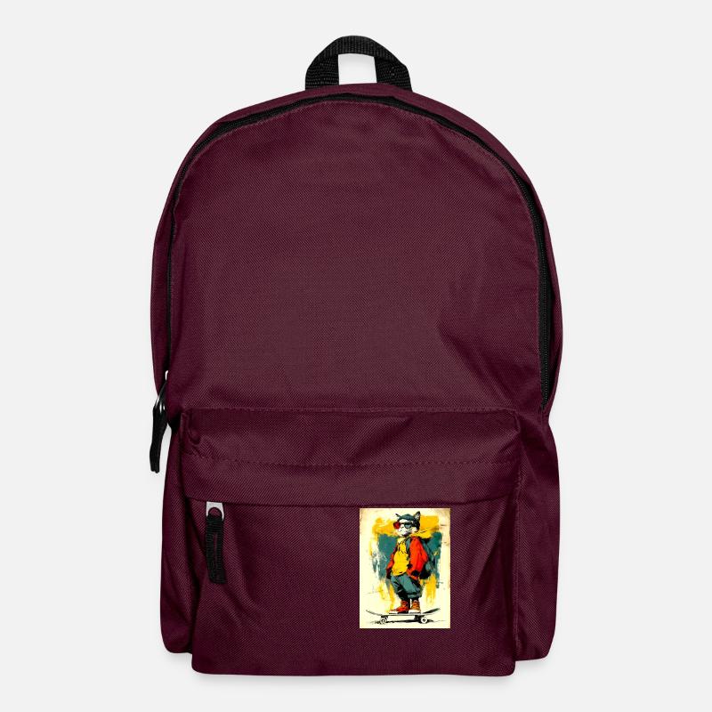 Coole Katze auf Skateboard - modern, stylisch - Rucksack - Burgunderrot