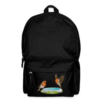 Vogeltränke mit zwei vergnügten Rotkehlchen - Rucksack - Schwarz - Vorne