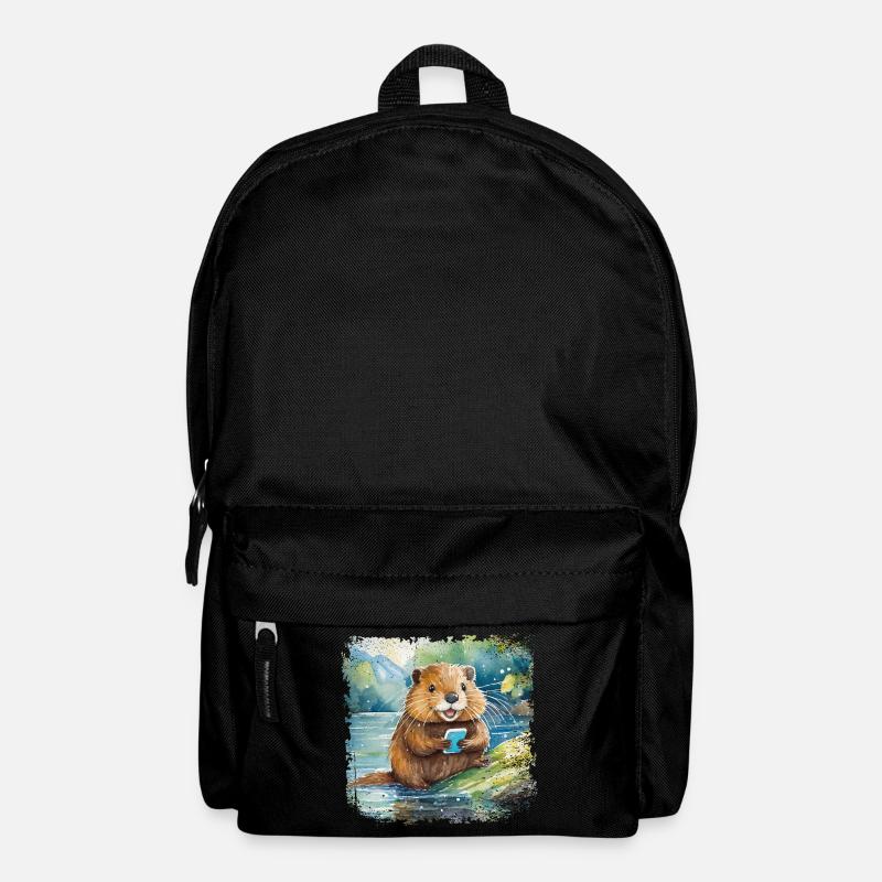 Mignon jeune castor avec téléphone portable - Sac à dos - noir