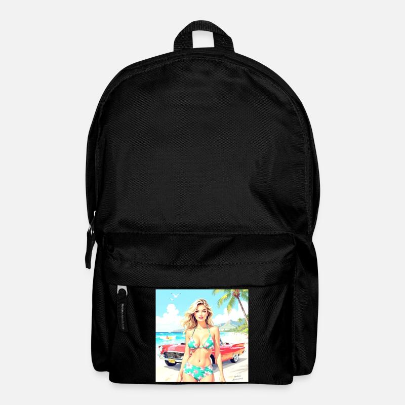 Frau am Strand mit Oldtimer - Rucksack - Schwarz