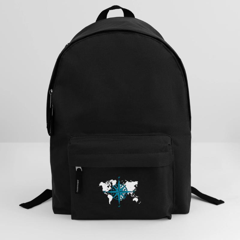 Windrose oder Kompassrose mit weißer Weltkarte Rucksack
