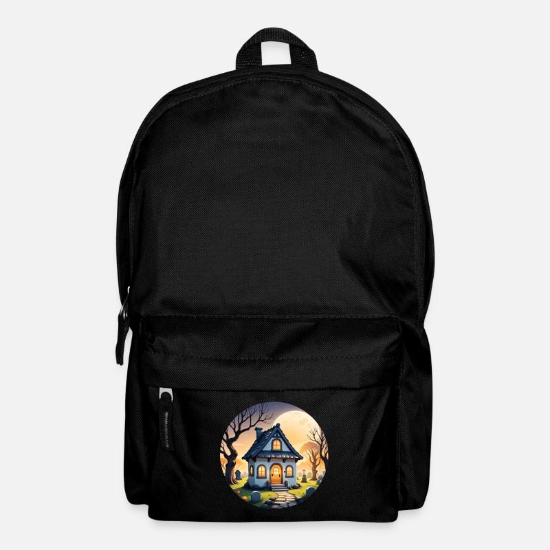 Halloween Haunted House at Full Moon and Pumpkins - Backpack - black
