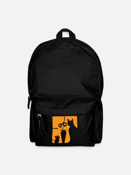 Halloween Cat Mouse Flowers Orange Window - Backpack - black