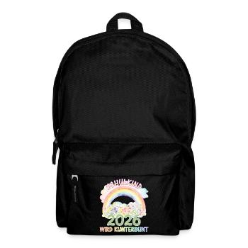 Schulkind 2026 - Regenbogen & Blumen - Kunterbunt - Rucksack - Schwarz - Vorne