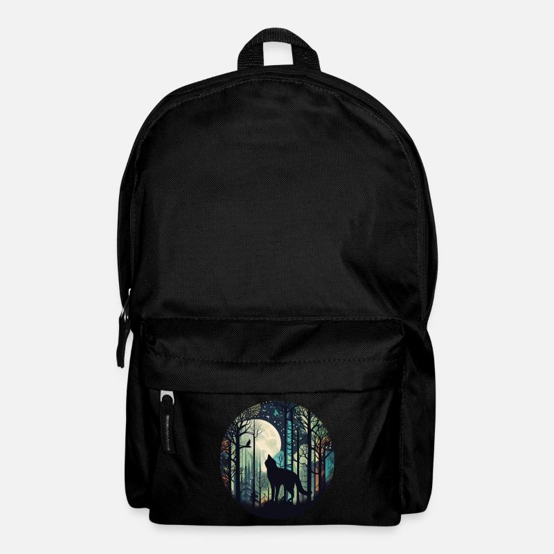 Katze im Wald mit Vollmond, Bäumen - Rucksack - Schwarz