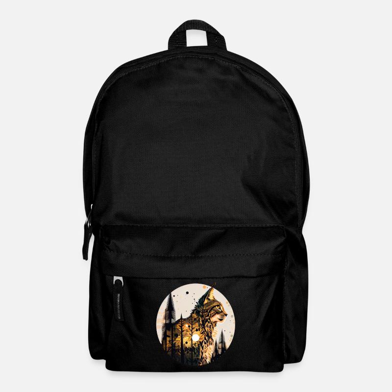 Luchs mit Mond im Wald mit Muster - Rucksack - Schwarz