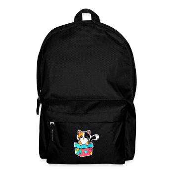 Eine orangefarbene Katze in einer Schachtel mit ihrem leuchtenden - Rucksack - Schwarz - Vorne