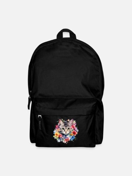 Katze Blumen Aquarell Zeichnung Kunst Bunt Floral - Rucksack - Schwarz