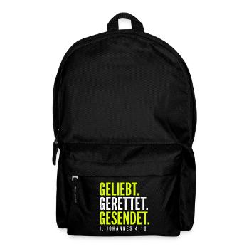 Geliebt. Gerettet. Gesendet. – 1. Johannes 4,10 - Rucksack - Schwarz - Vorne