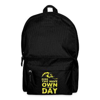 Surfer Ride the Wave – Own the Day Spruch - Rucksack - Schwarz - Vorne