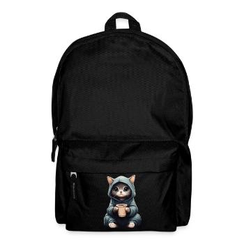 Cute: Cat in a hoodie with coffee - Backpack - black - Front