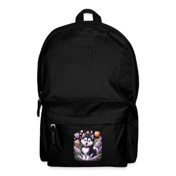 Dessin animé Husky avec des tulipes, lilas pour les fans de husky - Sac à dos - noir - Devant