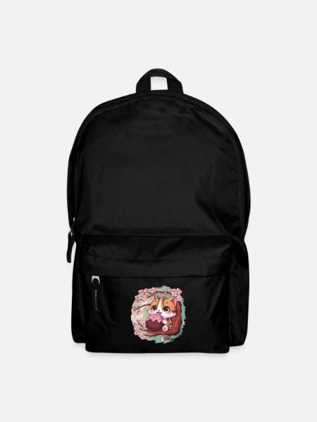 Süße Kawaii Katze mit Hanami Dango + Kirschblüten - Rucksack - Schwarz
