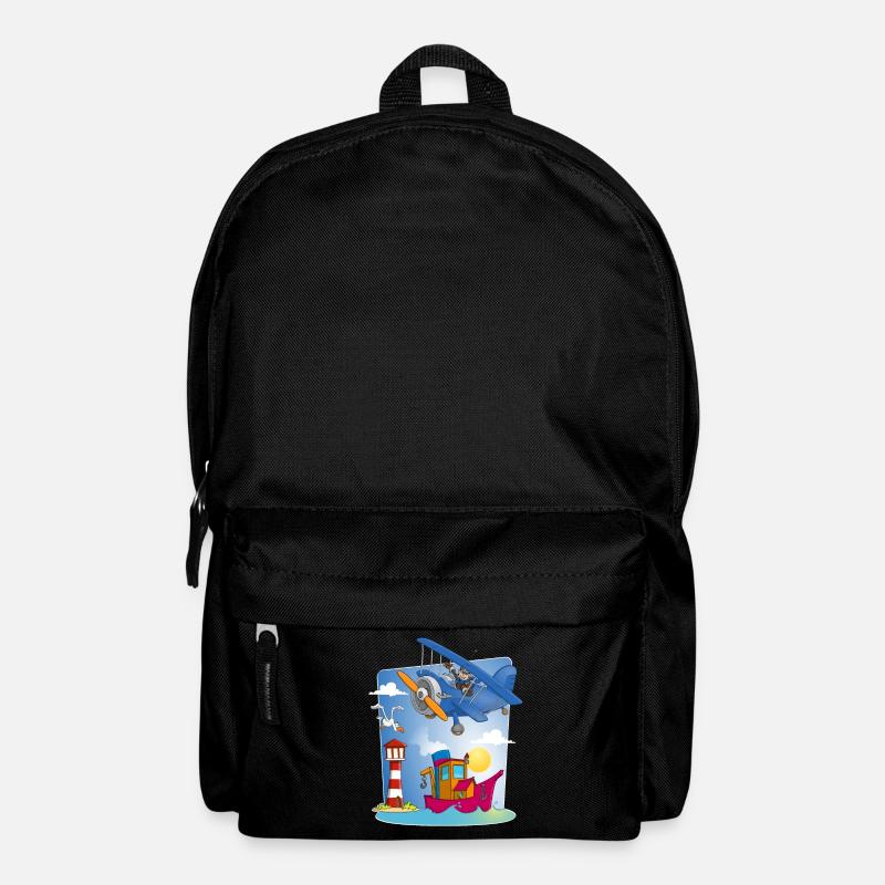 Sonne, Meer, Flugzeug, Boot, Leuchtturm und Möwe - Rucksack - Schwarz