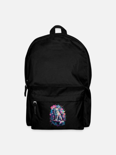 Farbiger Wolf Mit Blumen Und Geometrischen Formen - Rucksack - Schwarz