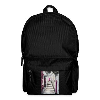 Sunlit Whitewashed Stairs with Pink Accents Greece - Backpack - black - Front