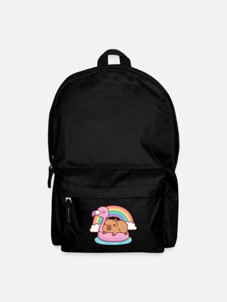 Niedliche Kapybara chillt auf Flamingo-Float-Regenbogen - Rucksack - Schwarz