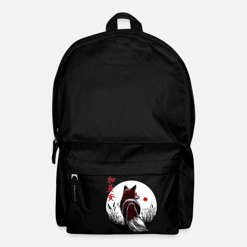Kitsune Kawaii Japanese landscape - red kanji - Backpack - black
