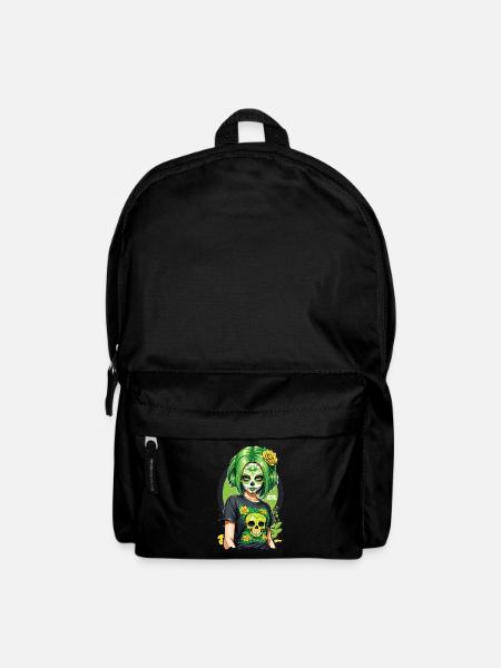 Sugar Skull Girl with Green Hair & Single Roses - Backpack - black