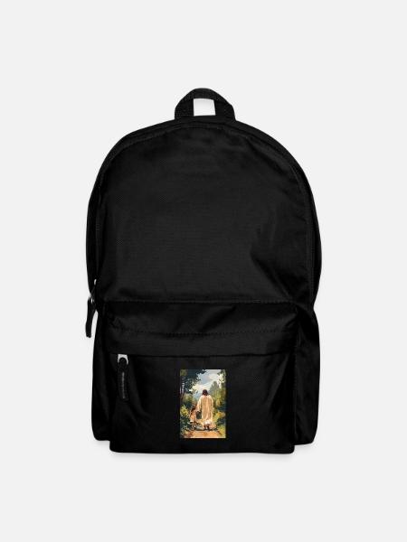 Jesus walks with a little girl, - Backpack - black
