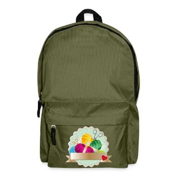 Wollknäuel,Knopf & Stricknadeln als bunter Patch - Rucksack - Olivgrün - Vorne