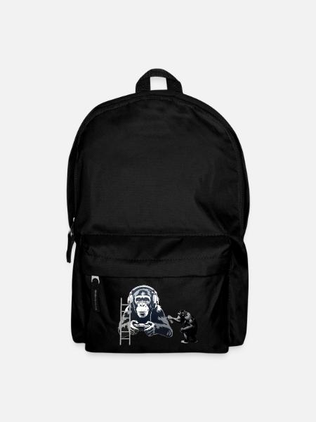 GRAFFITI BANKSY STYLE - CHIMP PLAYING COMPUTER GAM - Backpack - black