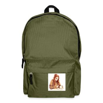 Coffee Serenade: Captivating Drawing of a Woman - Backpack - olive green - Front