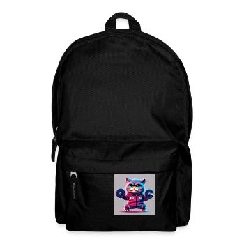 cute funny cat illustration lifting weight workout - Backpack - black - Front