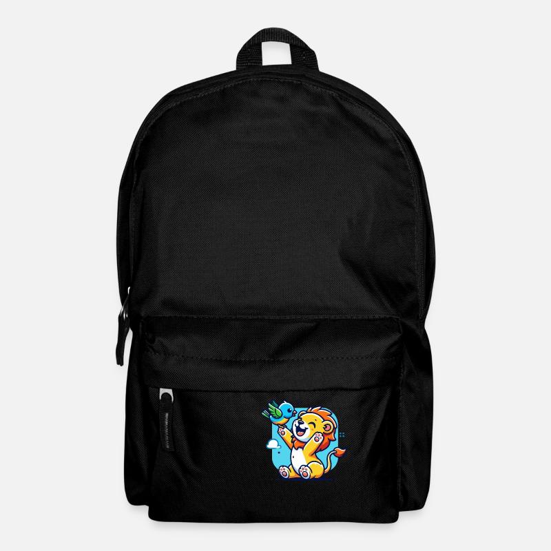 Lion mignon jouant avec un oiseau coloré - Sac à dos - noir
