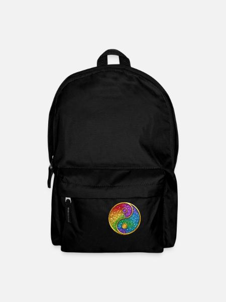 Regenbogen Yin Yang Symbol Glitzer Gold Pailletten - Rucksack - Schwarz