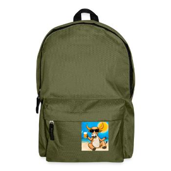 Bull with sunglasses and beer on the golden beach - Backpack - olive green - Front