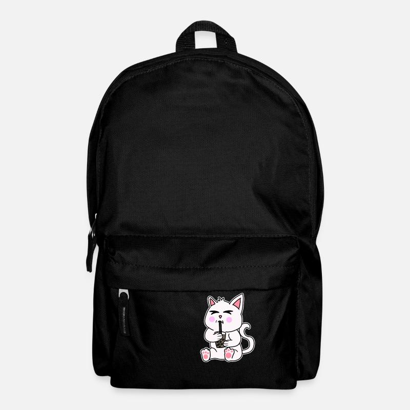 Bubble Tea Drinking White Cat Anime Kawaii - Backpack - black