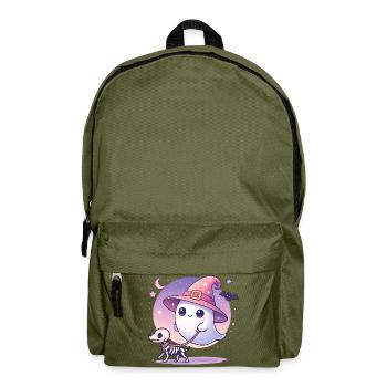 Pinker Hexen‑Geist mit Skelett‑Hund – Halloween - Rucksack - Olivgrün - Vorne