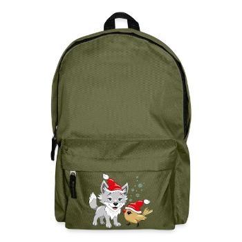 Loup souriant et oiseau mignon dans des chapeaux de Noël - Sac à dos - vert olive - Devant