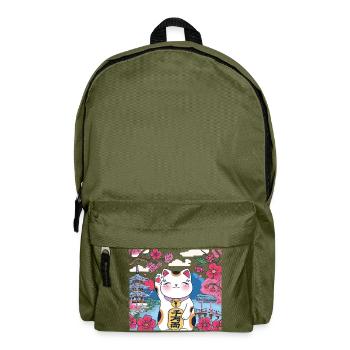 Kawaii Lucky cat Maneki Neko Fleur de cerisier - Sac à dos - vert olive - Devant