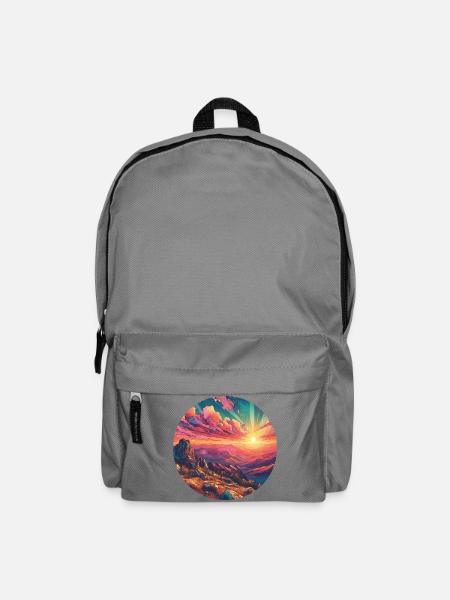 Landschaft farbenfroh Sonnenuntergang Berge Comic - Rucksack - Mittelgrau