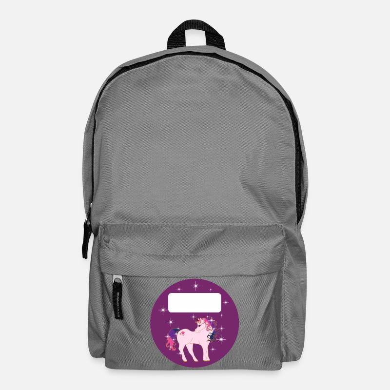 Schulaufkleber rund - Fantasy Einhorn - lila - Rucksack - Mittelgrau