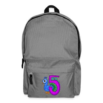 5 ans - 5ème anniversaire - Motif oiseau paon - Sac à dos - gris éléphant - Devant