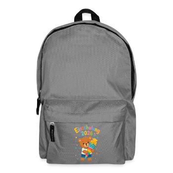 Einschulung 2026 Bär mit Regenbogenrakete - Rucksack - Mittelgrau - Vorne