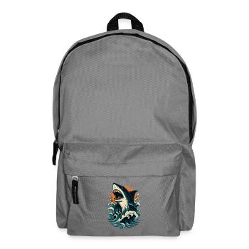 Shark roars through orange waves - Backpack - elephant grey - Front