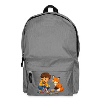 Junge bemalt bunte Steine mit neugierigem Fuchs - Rucksack - Mittelgrau - Vorne