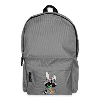 Snuggles the raccoon in a bunny costume with carrot - Backpack - elephant grey - Front