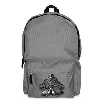 Mountain camping tent by the fire – line art - Backpack - elephant grey - Front