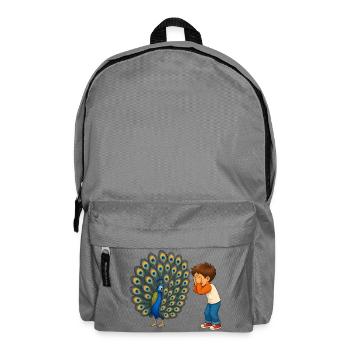 Junge staunt über prächtigen Pfau mit Federpracht - Rucksack - Mittelgrau - Vorne