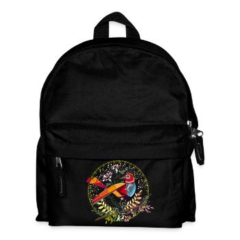 bunter Roboter Vogel im floralen Rahmen - Kinder Rucksack - Schwarz - Vorne
