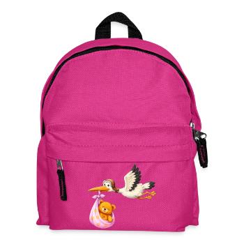 Baby Mädchen Storch mit Teddy im Tuch Geschenk - Kinder Rucksack - Fuchsia - Vorne