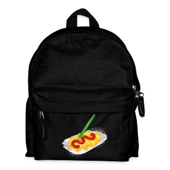Pommes mit Ketschup in der Pappschale und Gabel - Kinder Rucksack - Schwarz - Vorne